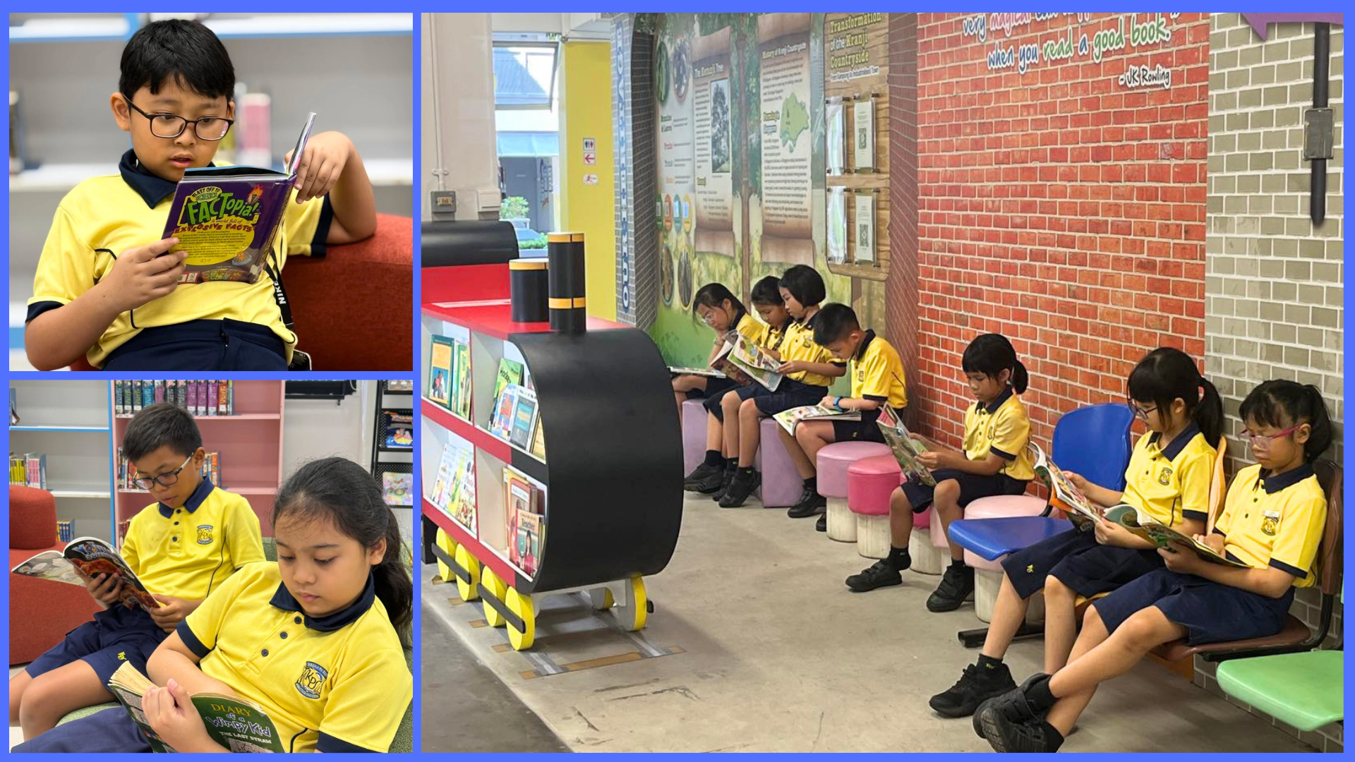 Three school library scenes: masked students reading, a class listening to a teacher, and a colorful bookshelf display.